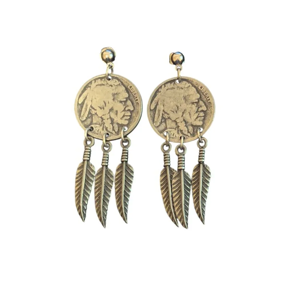 Native Inspired‎ Buffalo Nickle Feather Earrings Dangle Indian Head Pierced Boho